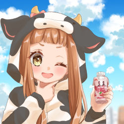 Rule 34 | 1girl, animal costume, blush, brown hair, cloud, cow costume, hand on own chin, hand up, highres, ichihara nina, idolmaster, idolmaster cinderella girls, idolmaster cinderella girls starlight stage, long hair, long sleeves, looking at viewer, one eye closed, open mouth, rino cnc, smile, solo, yellow eyes