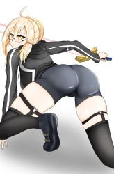 Rule 34 | 1girl, ahoge, artist request, artoria pendragon (fate), ass, bike shorts, blonde hair, blush, breasts, cameltoe, fate/grand order, fate (series), from behind, glasses, hood, hoodie, looking at viewer, mysterious heroine x alter (fate), short hair, solo, sword, thigh strap, thighhighs, weapon
