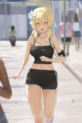 Rule 34 | 1girl, absurdres, arm strap, bare shoulders, black shorts, blonde hair, blush, breasts, closed eyes, collarbone, day, dolri, earphones, facing viewer, feet out of frame, flower, genshin impact, hair over one eye, highres, lumine (genshin impact), medium breasts, midriff, navel, open mouth, outdoors, people, road, running, short hair with long locks, shorts, sidelocks, solo focus, sports bra, street, sunlight, sweat, v-shaped eyebrows, white flower