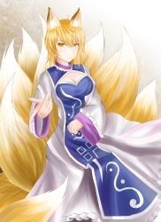 Rule 34 | 1girl, animal ears, blonde hair, breasts, cleavage, cleavage cutout, clenched hand, clothing cutout, dress, fingernails, fox ears, fox tail, gradient background, highres, hiro0626, impossible clothes, light smile, long sleeves, looking at viewer, multiple tails, no headwear, sharp fingernails, short hair, slit pupils, solo, tabard, tail, touhou, wide sleeves, yakumo ran, yellow eyes
