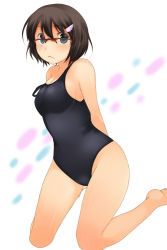 Rule 34 | 1girl, :&lt;, arm behind back, bad id, bad pixiv id, barefoot, blue eyes, brown hair, frown, glasses, hair ornament, hairclip, kanzume shima, kneeling, one-piece swimsuit, original, school swimsuit, short hair, solo, strap slip, swimsuit
