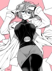 Rule 34 | 1girl, blue eyes, breasts, cowboy shot, eyes visible through hair, freckles, glasses, greyscale, greyscale with colored background, heris ardebit, lab coat, large breasts, long hair, looking at viewer, lying, monochrome, narrow waist, on back, open mouth, pantyhose, paper, promare, short hair, skirt, solo, takatsuki ichi