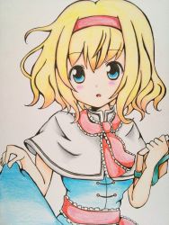 Rule 34 | 1girl, :o, alice margatroid, bad id, bad pixiv id, blonde hair, blue eyes, blush, book, capelet, clothes lift, colored pencil (medium), dress, grey background, hairband, highres, looking at viewer, meme-tan (bana nan26), sash, short hair, simple background, skirt, skirt lift, solo, touhou, traditional media