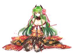 Rule 34 | 1girl, black legwear, breasts, c.c., cleavage, code geass, creayus, detached collar, flower, full body, green hair, hair flower, hair ornament, japanese clothes, kimono, long hair, looking at viewer, seiza, simple background, sitting, smile, solo, twitter username, white background, yellow eyes
