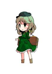 Rule 34 | 1girl, blush, boots, brown footwear, card, chibi, dairi, dress, green dress, green eyes, green hair, green sleeves, hand up, hat, jewelry, key, key necklace, long sleeves, necklace, open mouth, short hair, simple background, solo, standing, tachi-e, touhou, transparent background, white background, yamashiro takane