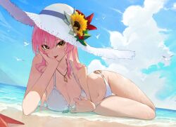 Rule 34 | 1girl, bare shoulders, beach, bikini, bird, breasts, cleavage, cloud, day, flower, green eyes, hand on own cheek, hand on own face, hat, hat flower, highres, horizon, idolmaster, idolmaster cinderella girls, jewelry, jougasaki mika, large breasts, long hair, looking at viewer, lying, navel, ningen gokko, o-ring, o-ring bottom, ocean, on side, open mouth, outdoors, pendant, pink hair, sand, solo, sun hat, swimsuit, tongue, tongue out, wet, white bikini, white hat