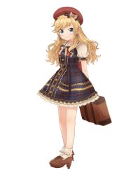 Rule 34 | 1girl, arms behind back, bare legs, blonde hair, blue eyes, blush, bow, breasts, brown footwear, commentary request, dot nose, dress, hair bow, hair ornament, hat, highres, holding, idolmaster, idolmaster cinderella girls, long hair, looking at viewer, ohtsuki yui, puffy short sleeves, puffy sleeves, red hat, shoes, short sleeves, simple background, small breasts, smile, solo, suitcase, white background, wotsumiki (sakura-yuzu)