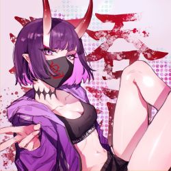 Rule 34 | 1girl, alternate costume, black shorts, black sports bra, bob cut, breasts, character name, choker, collarbone, commentary, eyeliner, fate/grand order, fate (series), highres, hood, hooded jacket, horns, jacket, looking at viewer, makeup, mask, midriff, mouth mask, navel, oni, open clothes, open jacket, polka dot, polka dot background, purple eyes, purple hair, purple jacket, qiuyun62303677, short eyebrows, short hair, short shorts, shorts, shuten douji (fate), sitting, skin-covered horns, small breasts, solo, sports bra, thighs, v, white background