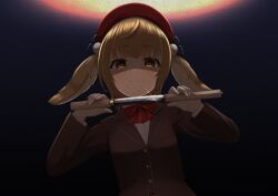 Rule 34 | 1girl, absurdres, animal ears, animare, beret, blazer, blonde hair, bow, bowtie, breasts, brown jacket, buttons, closed mouth, cocorog, commentary request, cowlick, floppy ears, hat, highres, holding, holding knife, inaba haneru (animare), jacket, knife, long sleeves, looking at viewer, looking down, medium bangs, nanashi inc., rabbit ears, rabbit girl, red bow, red bowtie, red hat, shaded face, sheath, shirt, short hair, short sword, small breasts, smile, solo, sword, tantou, unsheathing, upper body, virtual youtuber, weapon, white shirt, yellow eyes