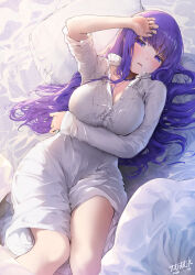 Rule 34 | 1girl, arm on own head, bed sheet, breasts, collar, commentary request, dated, dress, fern (sousou no frieren), fever, frilled collar, frills, highres, large breasts, long dress, long hair, long sleeves, looking at viewer, loose hair strand, lying, mmk, open mouth, partially unbuttoned, purple eyes, purple hair, sick, signature, sousou no frieren, white dress