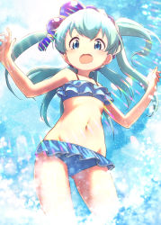 Rule 34 | 1girl, absurdres, bare arms, bare shoulders, bikini, blue bikini, blue eyes, blue hair, collarbone, gluteal fold, groin, hair between eyes, hair ornament, highres, looking at viewer, navel, nyama, open mouth, sengoku collection, solo, swimsuit, tokugawa ieyasu (sengoku collection), two side up