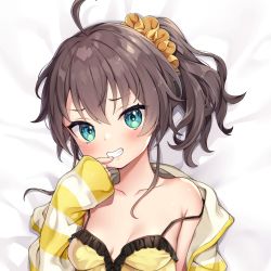 Rule 34 | 1girl, ahoge, ayaoshiro, bed sheet, blue eyes, blush, breasts, brown hair, camisole, finger to mouth, frilled camisole, frills, grin, hair between eyes, highres, hololive, jacket, long sleeves, looking at viewer, lying, medium hair, natsuiro matsuri, natsuiro matsuri (matsuri&#039;s day off), on back, scrunchie, side ponytail, small breasts, smile, solo, striped clothes, striped jacket, tan, tanline, virtual youtuber, white jacket, yellow camisole, yellow jacket, yellow scrunchie