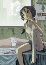 Rule 34 | 2girls, 5afvb, akira (manga), arm support, bed, bed sheet, black eyes, black hair, black sclera, black shorts, blanket, blush stickers, camisole, chito (shoujo shuumatsu ryokou), cigarette, cigarette pack, collarbone, colored sclera, highres, holding, holding cigarette, knee up, looking to the side, lying, multiple girls, no pupils, on bed, on side, panties, poster, print panties, shorts, shoujo shuumatsu ryokou, sitting, sleeping, smoking, twintails, underwear, white camisole, white panties, yuuri (shoujo shuumatsu ryokou)