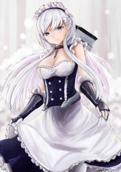 Rule 34 | 1girl, apron, apron lift, azur lane, belfast (azur lane), blue eyes, blush, braid, breasts, chain, cleavage, clothes lift, collar, collarbone, commentary request, french braid, frilled skirt, frills, gloves, highres, large breasts, long hair, looking at viewer, maid, maid headdress, ryara, silver hair, skirt, smile, solo