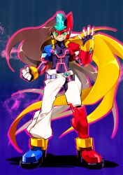 Rule 34 | 1boy, armor, blonde hair, blue background, blue footwear, blue jacket, boots, brown hair, clenched hand, cropped jacket, forehead jewel, full body, glowing, green eyes, henshin, highres, jacket, kon (kin219), long hair, mega man (series), mega man zx, mega man zx advent, model zx (mega man), neon trim, pants, parted lips, power armor, red footwear, red helmet, red jacket, shoes, smile, solo, teeth, vent (mega man), white pants