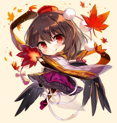 Rule 34 | 1girl, :q, autumn leaves, black hair, black pantyhose, black wings, blush, brown background, brown scarf, chibi, closed mouth, commentary request, feathered wings, frilled skirt, frills, fuepo, full body, geta, hair between eyes, hand fan, hat, highres, holding, holding fan, leaf, leaf fan, long sleeves, looking at viewer, low wings, maple leaf, mini hat, pantyhose, pom pom (clothes), purple footwear, purple skirt, red eyes, red hat, ribbon, ribbon-trimmed skirt, ribbon-trimmed sleeves, ribbon trim, scarf, shameimaru aya, simple background, skirt, smile, solo, tengu-geta, tokin hat, tongue, tongue out, touhou, v-shaped eyebrows, white ribbon, wide sleeves, wings