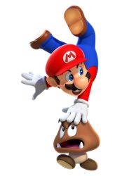 Rule 34 | 1boy, 3d, absurdres, blue eyes, brown hair, facial hair, full body, goomba, hat, highres, male focus, mario, mario (series), mustache, nintendo, official art, overalls, red hat, red shirt, shirt, simple background, solo, super mario run, transparent background