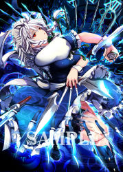 Rule 34 | 1girl, apron, between fingers, black footwear, blue dress, boots, bow, braid, breasts, dagger, dress, frilled apron, frills, green bow, hair bow, holding, holding knife, holster, izayoi sakuya, knife, knives between fingers, large breasts, looking at viewer, maid, maid headdress, ouma tokiichi, parted lips, puffy short sleeves, puffy sleeves, red eyes, sample watermark, short sleeves, silver hair, solo, thigh holster, touhou, twin braids, waist apron, watermark, weapon