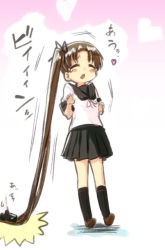 Rule 34 | 10s, 1girl, absurdly long hair, admiral (kancolle), ayanami (kancolle), bow, brown hair, engiyoshi, hair bow, hair ribbon, kantai collection, long hair, open mouth, pleated skirt, ribbon, school uniform, serafuku, side ponytail, skirt, solo focus, translation request, very long hair