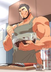 Rule 34 | 1boy, :q, apron, arm hair, bara, bare arms, beard, black hair, bulge, candy, chocolate, chocolate bar, chopping, cooking, dark-skinned male, dark skin, facial hair, food, from below, highres, indoors, kitchen, knife, large pectorals, male focus, mature male, muscular, muscular male, naked apron, original, pectoral cleavage, pectorals, ruizu (takakisan503), short hair, sidepec, solo, sunlight, thick eyebrows, tongue, tongue out, valentine, whisk