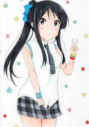 Rule 34 | 1girl, absurdres, akiyama mio, alternate hairstyle, bad anatomy, bare shoulders, black eyes, black hair, blush, highres, hime cut, k-on!, ken (tanosimou), long hair, looking at viewer, simple background, skirt, small hands, smile, solo, thighhighs, v, very long hair