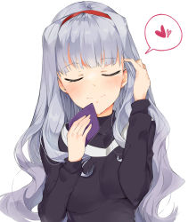 Rule 34 | 1girl, breasts, closed eyes, hairband, highres, idolmaster, idolmaster (classic), long hair, shijou takane, silver hair, simple background, smile, solo, tuxedo de cat, white background