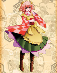 Rule 34 | 1girl, apron, bell, blush, book, boots, checkered clothes, checkered shirt, clothes writing, floral background, hair bell, hair ornament, jingle bell, kii (mahoraba), long sleeves, looking at viewer, motoori kosuzu, open mouth, red eyes, red hair, shirt, short hair, solo, touhou, twintails, two side up, wide sleeves