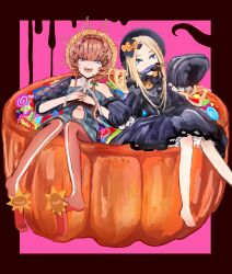 Rule 34 | 2girls, abigail williams (fate), beret, black bow, black dress, black headwear, black sleeves, blonde hair, blue eyes, blue overalls, bow, braid, brown hair, candy, clothing cutout, crown braid, dress, fangs, fate/grand order, fate (series), floral print, food, food in mouth, hair bow, hat, highres, looking at viewer, multiple girls, navel, navel cutout, open mouth, orange bow, orange headwear, overalls, own hands clasped, own hands together, puffy sleeves, pumpkin, shimogamo (shimomo 12), side braid, sitting, striped clothes, striped headwear, sunflower print, teeth, tongue, van gogh (fate)