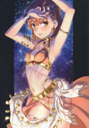 Rule 34 | 1girl, absurdres, alternate costume, arabian clothes, armlet, armpits, arms up, bikini, blush, bracelet, breasts, brown eyes, brown hair, cowboy shot, dancer, earrings, gem, gold, harem outfit, highleg, highres, jewelry, letterboxed, looking at viewer, misaka mikoto, navel, non-web source, outside border, parted lips, raika9, red gemstone, scan, short hair, skirt, small breasts, smile, solo, star (symbol), starry background, stomach, swimsuit, thighlet, toaru kagaku no railgun, toaru majutsu no index