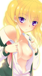 Rule 34 | 1girl, bad id, bad pixiv id, blonde hair, blush, breasts, dressing, face, open clothes, open shirt, original, purple eyes, shirt, solo, zpolice
