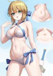 Rule 34 | 1girl, :d, absurdres, ahoge, artoria pendragon (all), artoria pendragon (fate), artoria pendragon (swimsuit archer) (fate), bikini, blonde hair, blush, bow, bow bikini, breasts, cleavage, cleavage cutout, clothing cutout, collarbone, commentary request, criss-cross halter, fate/grand order, fate (series), from below, green eyes, halterneck, highres, medium breasts, medium hair, multiple views, navel, official alternate costume, okayusonmu, open mouth, saber (fate), simple background, smile, swimsuit, underboob