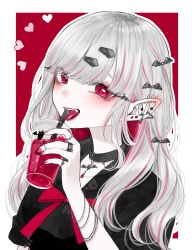 Rule 34 | 1girl, animal print, bat ornament, bat print, bracelet, collar, commentary request, drinking straw, drinking straw in mouth, ear piercing, fang, fingernails, goth fashion, gyaru, hair between eyes, hair ornament, heart, highres, jewelry, kawai rou, kogal, looking at viewer, multicolored hair, nail polish, open mouth, original, pale skin, pendant, piercing, pointy ears, red eyes, red nails, red ribbon, ribbon, silver hair, simple background, solo, streaked hair, tongue, tongue out, vampire