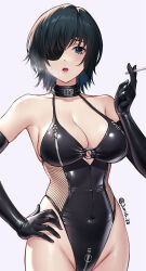 Rule 34 | 1girl, alternate costume, armpits, bare shoulders, belt, black choker, black gloves, blue eyes, bondage outfit, breast zipper, breasts, chainsaw man, choker, cigarette, cleavage, collar, covered navel, crotch zipper, dark green hair, elbow gloves, eyepatch, fishnet leotard, fishnets, gloves, grey background, groin, hair over one eye, halterneck, hand on own hip, hand up, highleg, highleg leotard, highres, himeno (chainsaw man), holding, holding cigarette, jurrig, large breasts, latex, latex gloves, latex leotard, leotard, looking at viewer, o-ring, open mouth, revision, short hair, sidelocks, simple background, skindentation, smoke, solo, twitter username, zipper