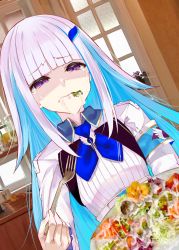 Rule 34 | 1girl, absurdres, armband, blue hair, blunt bangs, closed mouth, crying, crying with eyes open, cum, cum on food, eating, food, fork, gokkun, hair ornament, highres, holding, holding fork, indoors, lize helesta, long hair, multicolored hair, nijisanji, purple eyes, shirt, silver hair, solo, suujiniku, tears, two-tone hair, upper body, virtual youtuber, white shirt