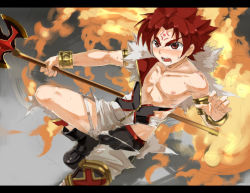 Rule 34 | 1boy, amulet, appllo (shinrabanshou), armlet, axe, bandai, blush, boots, boxer briefs, child, fire, humiliation, male focus, male underwear, muscular, nipples, pants, red eyes, red hair, shinrabanshou, sleeveless, sleeveless vest, solo, sweatdrop, tattoo, torn clothes, underwear, vest, waseda adesaw, weapon