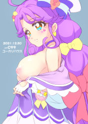 Rule 34 | 1girl, ahoge, blue background, bow, breasts, brown eyes, choker, commentary request, cure coral, dated, facial tattoo, hair bow, heart, heart tattoo, inverted nipples, large breasts, long hair, magical girl, mini koala, precure, purple choker, purple hair, red bow, simple background, solo, suzumura sango, tattoo, tropical-rouge! precure, yellow bow