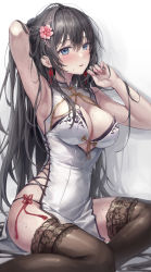 Rule 34 | 1girl, absurdres, aibek, arm behind head, arm up, armpits, bare arms, bare shoulders, black hair, black thighhighs, blue eyes, breasts, china dress, chinese clothes, cleavage, dress, duplicate, earrings, flower, gold trim, hair flower, hair ornament, hand up, highres, jewelry, large breasts, long hair, looking at viewer, nail polish, original, panty straps, parted lips, pelvic curtain, pink nails, pixel-perfect duplicate, side-tie peek, sitting, sleeveless, sleeveless dress, solo, sweatdrop, thighhighs, thighs, very long hair, wet, white dress