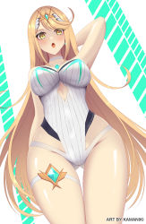 Rule 34 | 1girl, arm behind head, artist name, blonde hair, breasts, chest jewel, choker, cowboy shot, curvy, eyelashes, gluteal fold, highres, impossible clothes, kamaniki, large breasts, long hair, looking down, mythra (radiant beach) (xenoblade), mythra (xenoblade), one-piece swimsuit, open mouth, shiny skin, skin tight, sleeveless, solo, swept bangs, swimsuit, taut clothes, taut swimsuit, thigh strap, thighs, very long hair, white choker, white one-piece swimsuit, wide hips, xenoblade chronicles (series), xenoblade chronicles 2, yellow eyes