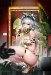 1girl absurdres animal_ears arknights blush bottomless breasts cat_ears cat_girl cat_tail egyptian_art egyptian_clothes feet from_side full_body gold_necklace gradient_hair green_eyes green_hair hand_to_own_mouth hand_up high_heels highres indoors jewelry kal&#039;tsit_(arknights) knees_up legs licking licking_finger licking_own_finger medium_breasts medium_hair multicolored_hair necklace portrait_(object) sandals skindentation solo squatting tabayashi tail thighs toenails toes white_hair