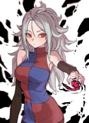 Rule 34 | android 21, breasts, checkered clothes, dragon ball, dragon ball fighterz, dragonball z, energy ball, floating rock, grey hair, highres, incoming attack, jewelry, leggings, medium breasts, red eyes, ring, spiked hair, white hair, zequung, zquung