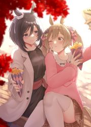 Rule 34 | 2girls, animal ears, black dress, black hair, blue eyes, blush, bow, brown eyes, brown hair, brown skirt, buttons, cellphone, closed mouth, coat, crepe, dress, eishin flash (umamusume), food, hair bow, highres, holding, holding food, holding phone, horse ears, horse girl, horse tail, long hair, long sleeves, multiple girls, narushima kanna, one eye closed, open clothes, open coat, phone, pink bow, pink shirt, pleated skirt, purple bow, shirt, short hair, signature, skirt, smart falcon (umamusume), smartphone, smile, tail, twintails, umamusume, white coat, yellow bow