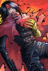 Rule 34 | 1boy, belt, black hair, clawed gauntlets, cloak, final fantasy, final fantasy vii, gun, handgun, covered mouth, leather, long hair, looking at viewer, red background, red cloak, red eyes, red headwear, revolver, torn clothes, tsubak iharu, vincent valentine, weapon