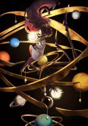 Rule 34 | 1girl, black background, black pantyhose, blunt bangs, brown hair, deemo, deemo (character), dress, girl (deemo), gloves, i race the dawn (deemo), long hair, maruco, neptune, pantyhose, planet, red hair, rotational symmetry, saturn (planet), simple background, solo, songover, space, sunset (deemo), upside-down