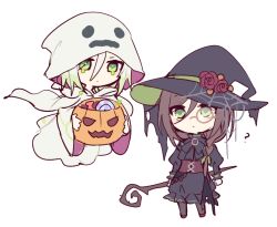 Rule 34 | ?, black bow, black hat, black shirt, black skirt, bow, brown hair, chibi, closed mouth, flower, ghost costume, green eyes, green hair, hair between eyes, halloween, halloween bucket, hat, hat flower, hijiri (resetter), holding, holding staff, juliet sleeves, long sleeves, multicolored hair, original, puffy sleeves, red flower, red rose, rose, shirt, simple background, skirt, staff, standing, two-tone hair, white background, white hair, wide sleeves, witch hat