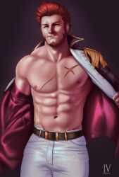 Rule 34 | 1boy, abs, absurdres, bara, bare pectorals, benjamin (ivbenjaminart), blue eyes, brown hair, cowboy shot, epaulettes, facial hair, fate/grand order, fate (series), goatee, highres, large pectorals, long sideburns, long sleeves, looking at viewer, male focus, mature male, muscular, muscular male, napoleon bonaparte (fate), navel, nipples, open clothes, pectorals, scar, short hair, sideburns, simple background, smile, solo, standing, stomach, thick eyebrows, thick thighs, thighs, undressing