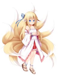 Rule 34 | 1girl, ahoge, animal ears, blonde hair, blue eyes, blue ribbon, blush, closed mouth, detached sleeves, dress, ears down, feet, fingers together, fox ears, fox tail, frills, full body, hair ribbon, haryuu (poetto), highres, kitsune, kyuubi, long hair, multiple tails, nontraditional miko, original, own hands together, ribbon, ribbon-trimmed sleeves, ribbon trim, sandals, simple background, smile, solo, sundress, tachi-e, tail, toes, white background, white dress