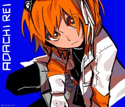 Rule 34 | 1girl, a.i. voice, absurdres, adachi rei, black pantyhose, black shirt, blue background, character name, closed mouth, deepseasecret, foot out of frame, gloves, hair ribbon, headlamp, highres, jacket, looking at viewer, open clothes, open jacket, orange eyes, orange hair, pantyhose, ribbon, shirt, short hair, shorts, solo, utau, white gloves, white ribbon