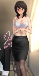 Rule 34 | 1girl, absurdres, amagami, bare shoulders, blush, bra, breasts, brown eyes, brown hair, brown pantyhose, chair, cleavage, closed mouth, collarbone, commission, dated, highres, indoors, jacket, unworn jacket, large breasts, looking at viewer, medium hair, navel, own hands together, pantyhose, pencil skirt, pixiv commission, school chair, signature, skirt, solo, standing, sweat, takahashi maya, teacher, underwear, white bra, yoo tenchi