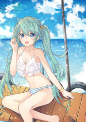 Rule 34 | 1girl, aqua hair, bikini, blue eyes, blue sky, blush, boardwalk, bracelet, breasts, cleavage, cloud, cloudy sky, day, feet out of frame, frilled bikini, frilled bikini top, frills, hair ornament, hand in own hair, hand up, hatsune miku, highres, jewelry, light blush, long hair, looking at viewer, navel, ocean, open mouth, outdoors, sevens (treefeather), sitting, sky, small breasts, smile, solo, striped bikini, striped bikini bottom, striped clothes, swimsuit, twintails, very long hair, vocaloid, white bikini