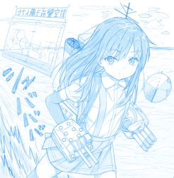 Rule 34 | 1girl, arm warmers, asashio (kancolle), blue theme, closed mouth, collared shirt, cowboy shot, gotou hisashi, kantai collection, long hair, machinery, pleated skirt, rigging, shirt, short sleeves, skirt, solo, suspender skirt, suspenders, thighhighs, torpedo, torpedo launcher, torpedo tubes, turret